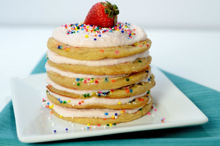 Strawberry Frosted Cake Batter Pancakes