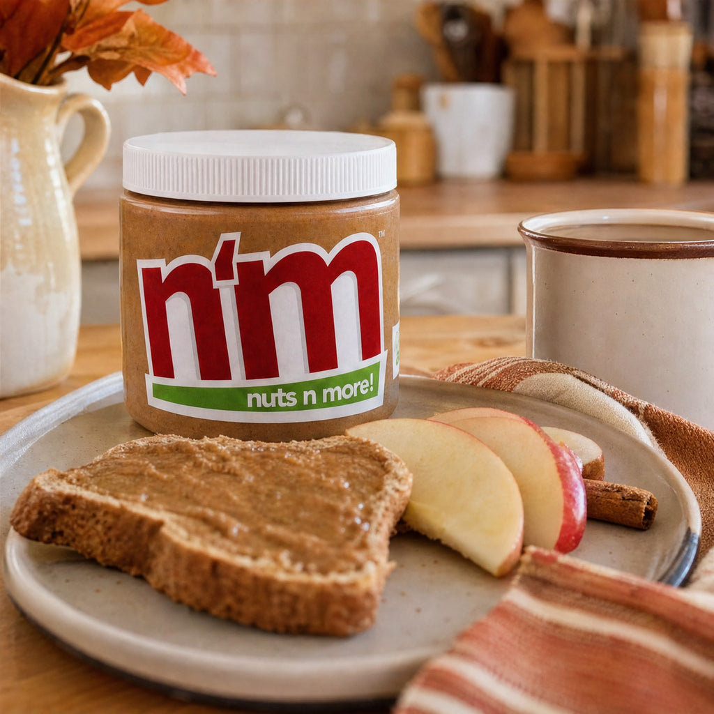 Almond Apple Butter high protein almond butter spread on toast with apple slices